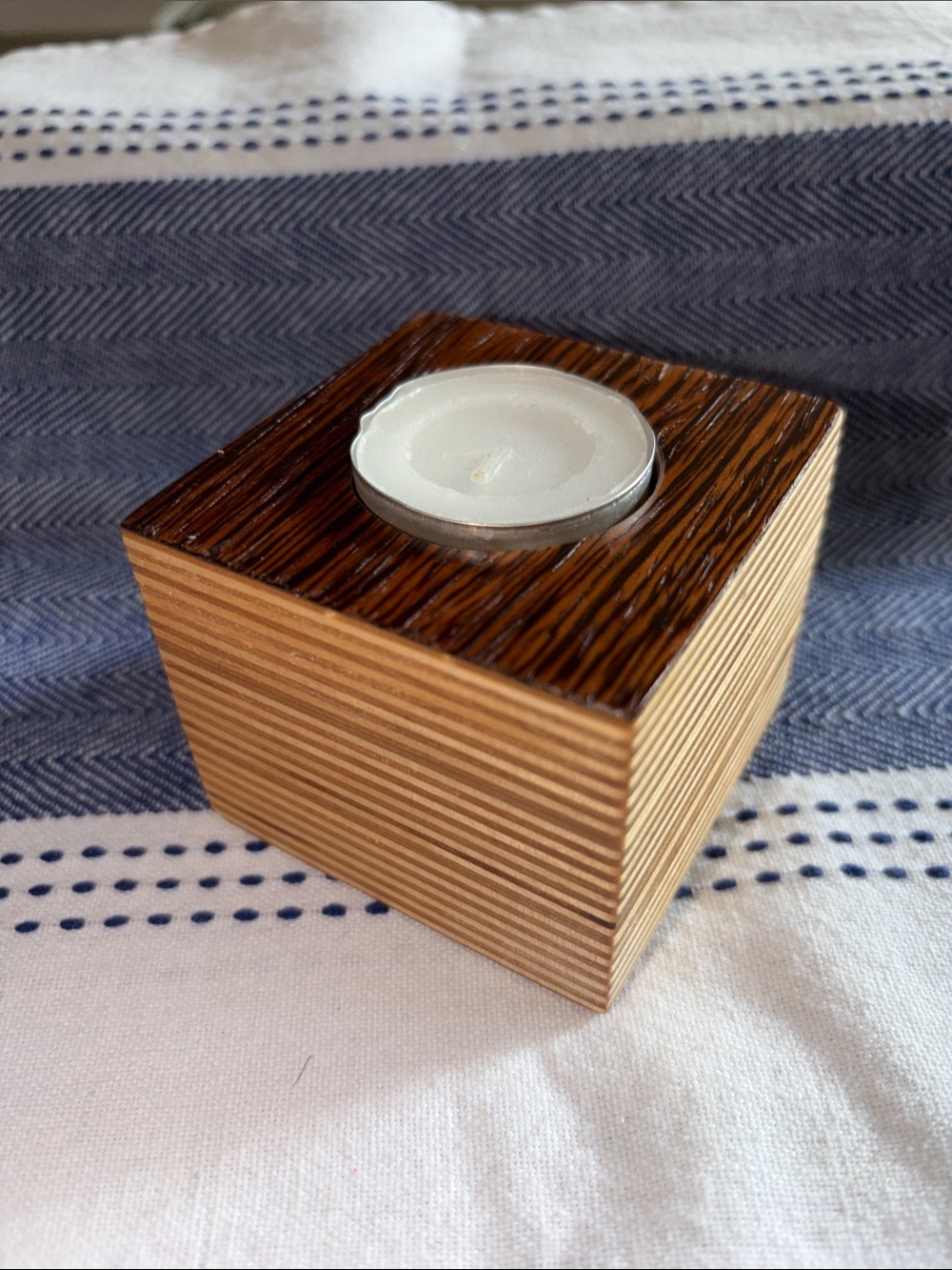 Wooden Cube Tea Light Holder in Light and Dark Brown